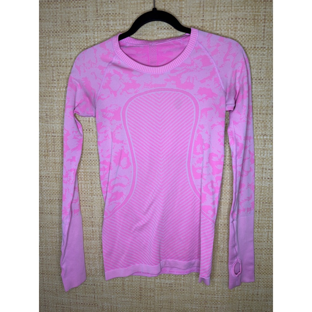 Lululemon Swiftly Tech LS 2.0 Women Pink Camo Jacquard Running Shirt Size 6